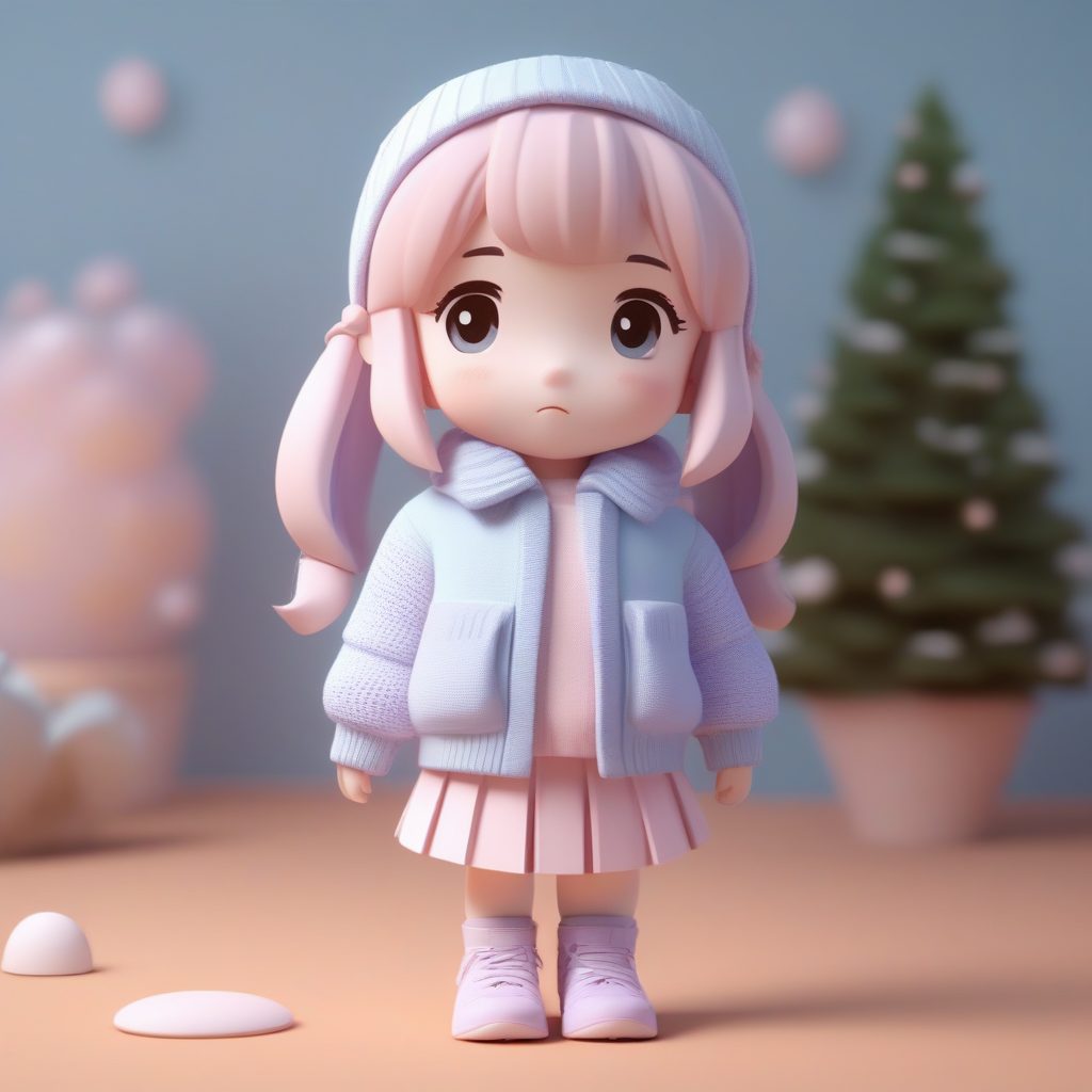 治愈系AI绘画:马卡龙色系Q版女孩冬装3D粘土质感全身像
