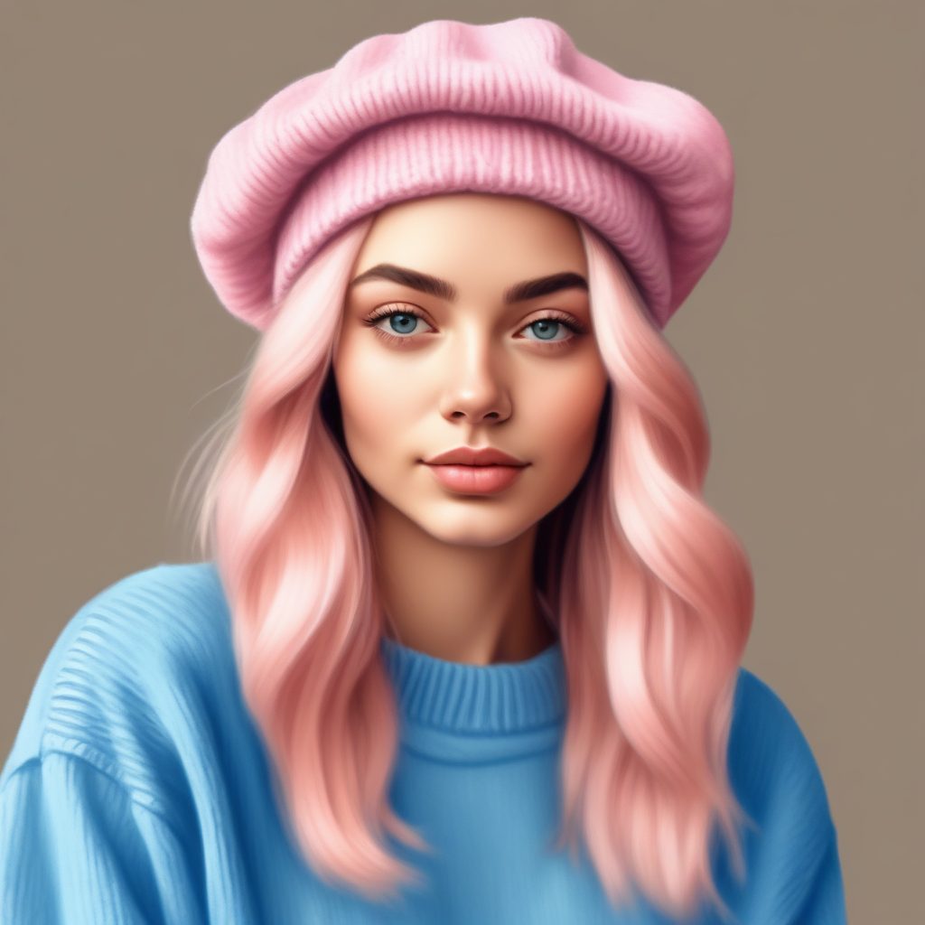 治愈系爆款 | 粉蓝色系手绘时尚少女，Oversize毛衣+可爱贝雷帽，纯色背景！