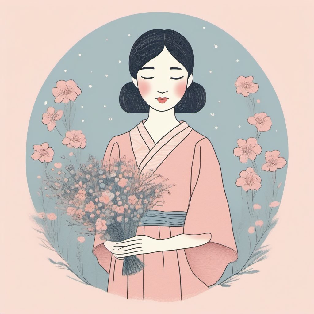 治愈系穿搭:AI生成手持小花的粉蓝系Cottagecore女孩插画