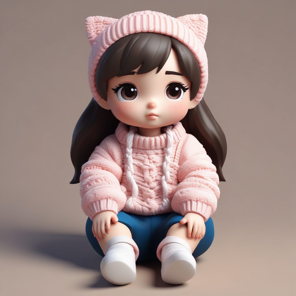 治愈系放松：坐在地上的Q版麻花毛衣少女3D渲染图