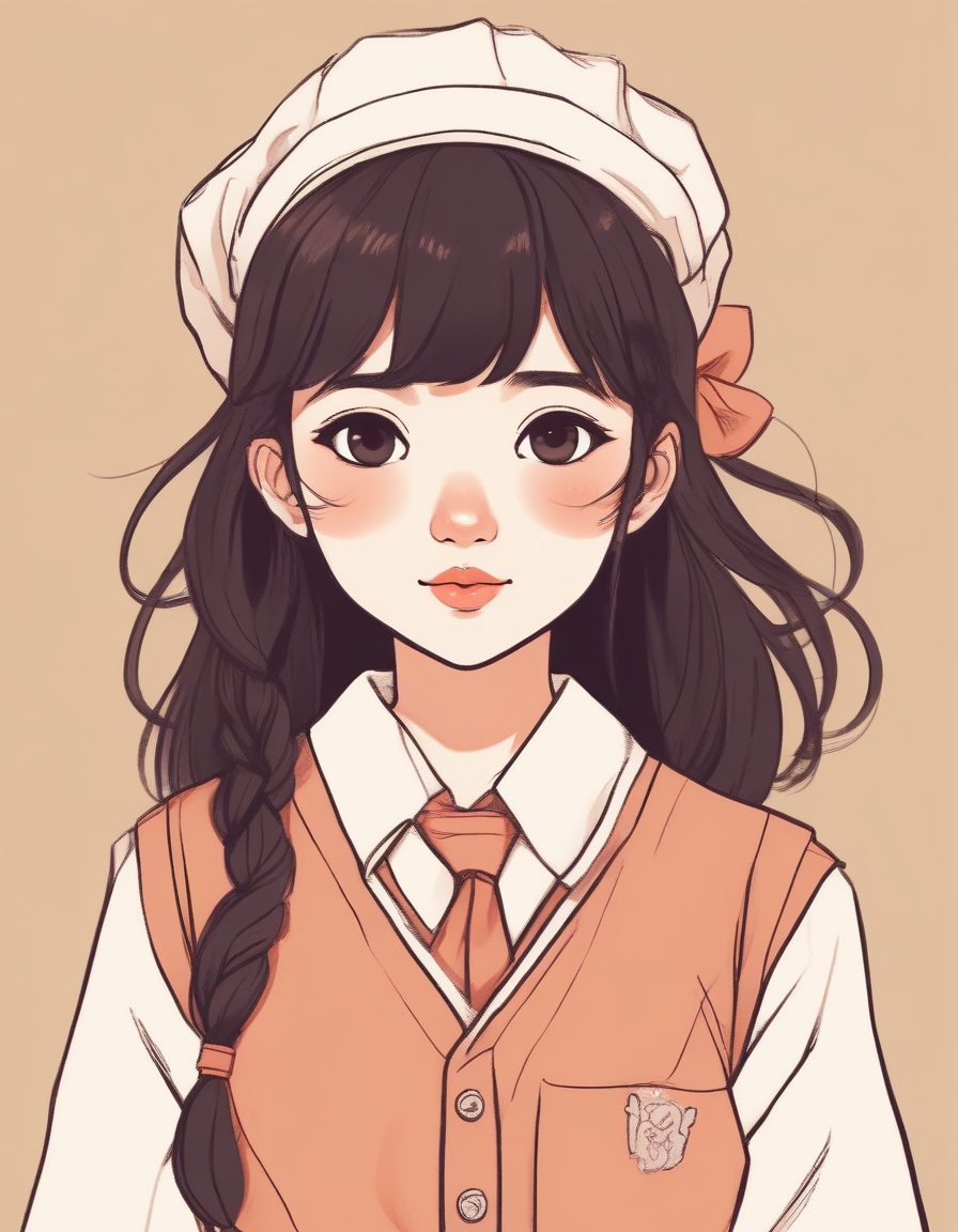 治愈系JK制服线稿:故事书风格的可爱少女纯色背景肖像