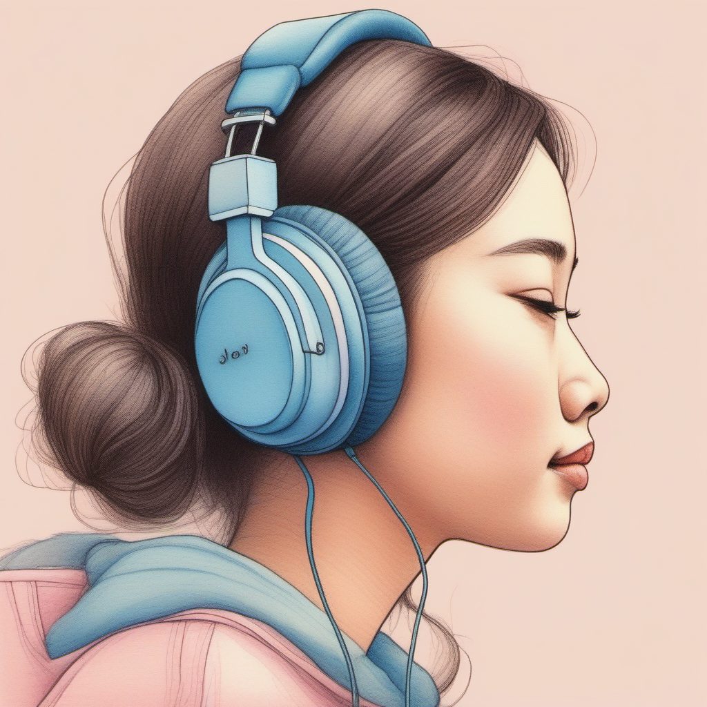 治愈系Lo-fi插画：AI生成戴耳机的粉蓝系女孩侧脸特写