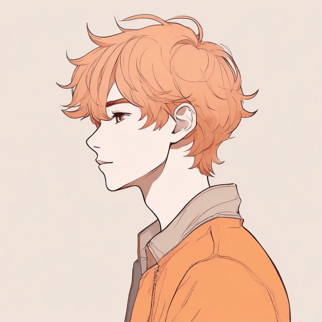 治愈系漫画风！日系男生侧脸，极简线条手绘插画，暖橘色系Cel Shading