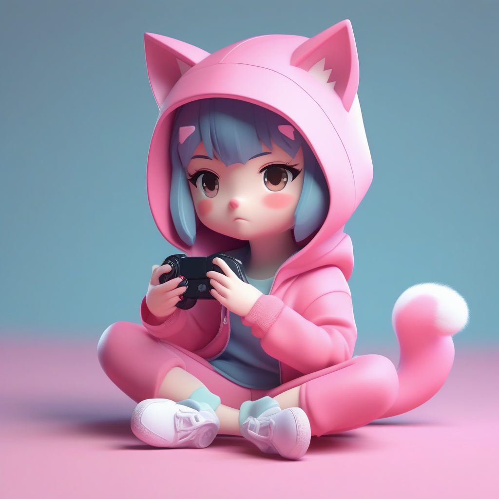 治愈系猫耳娘:超萌Q版3D手办渲染,粉色游戏少女AI提示词