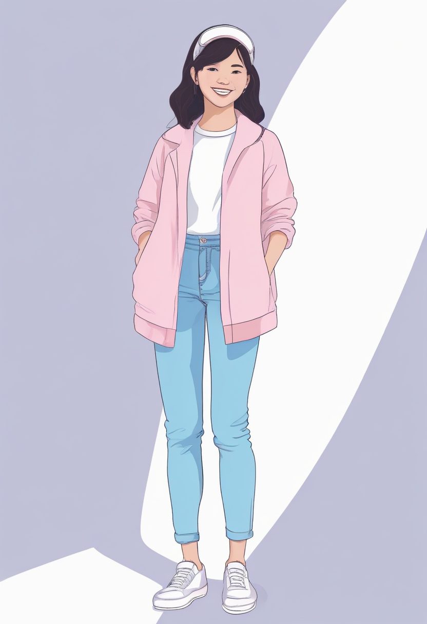 治愈系OOTD！粉蓝撞色时尚女孩全身像，极简风格Prompt分享