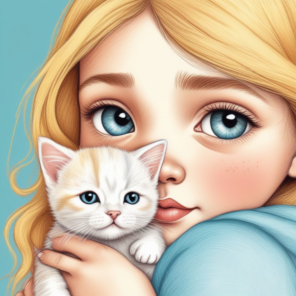 治愈系陪伴:粉蓝系软萌少女与小猫咪插画