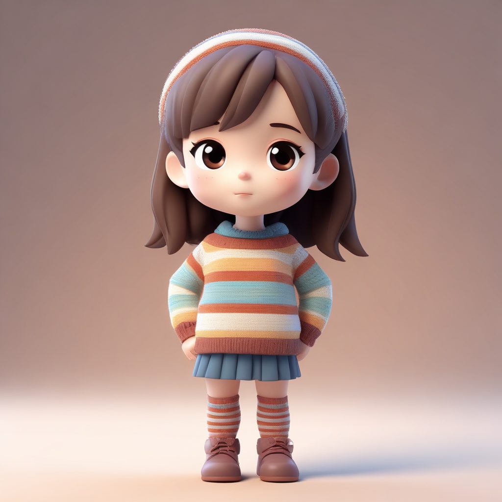 治愈系Q版：穿着条纹长袜的沉思少女3D全身图与纯色背景