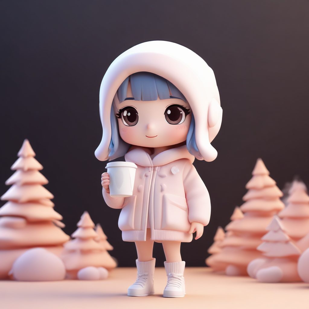 治愈系Q版女孩: 奶油色冬装与热可可的3D渲染提示词