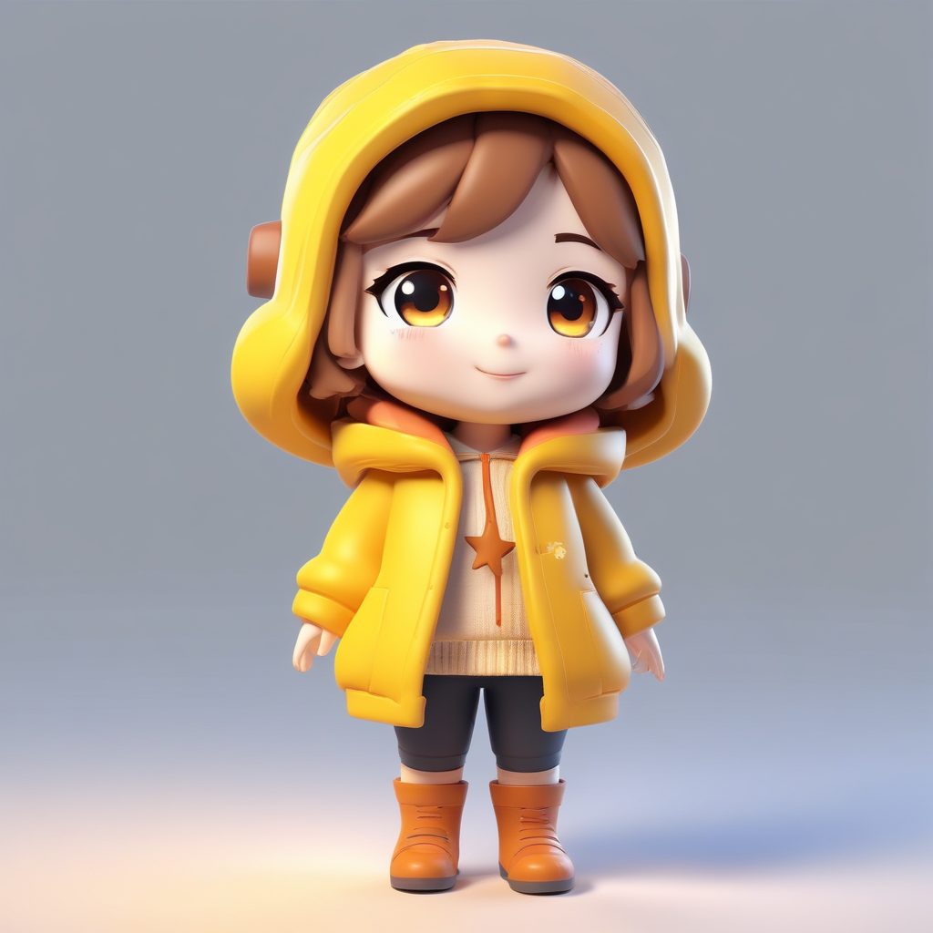 治愈系Q版女孩：手持发光星星，C4D梦幻光影，纯色背景全身像