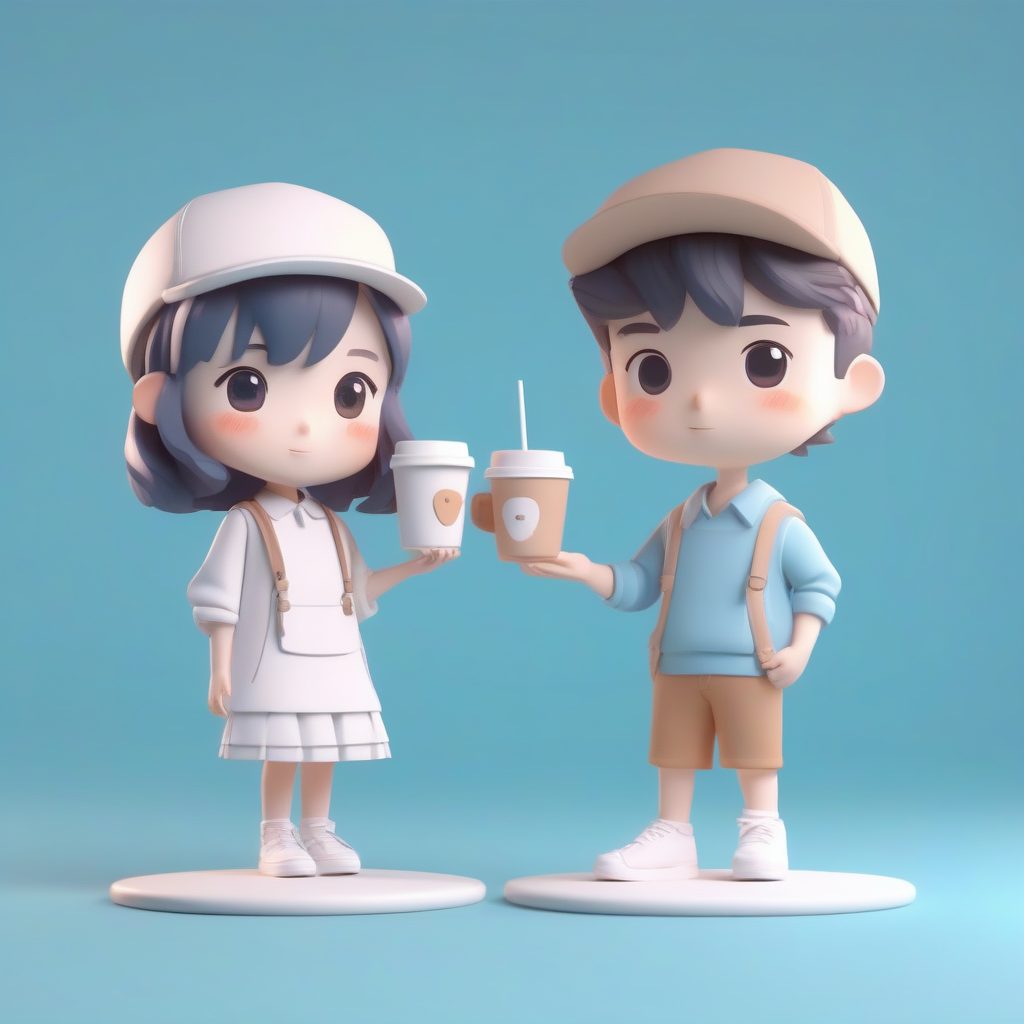 治愈系Q版情侣：3D盲盒风咖啡厅约会全身站立图AI提示词
