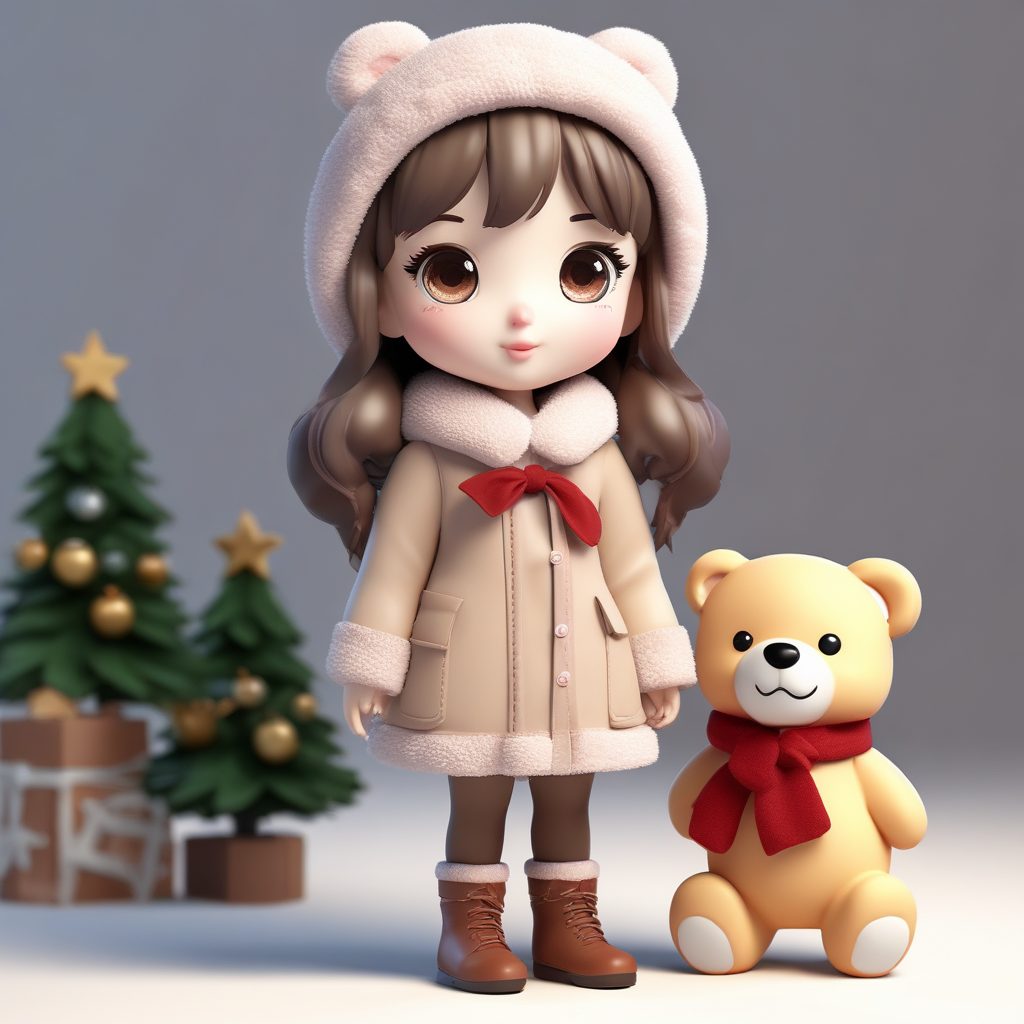 治愈系Q版少女：抱着泰迪熊的甜美表情3D粘土全身像