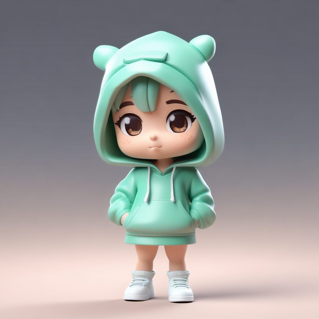 治愈系Q版少女：薄荷绿连帽衫与害羞遮脸动作3D建模