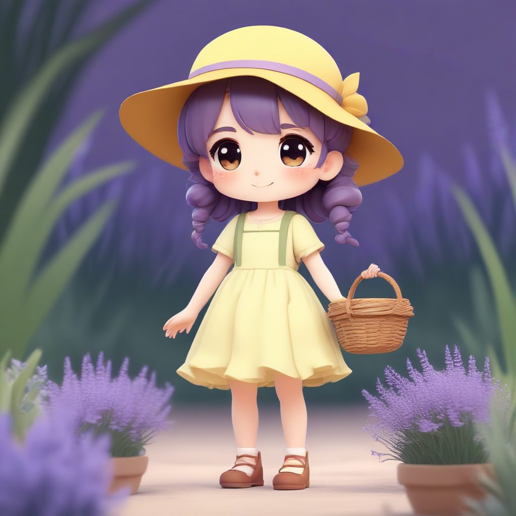 治愈系Q版田园风小女孩：全身站立插画提示词，柔和色彩高细节生成