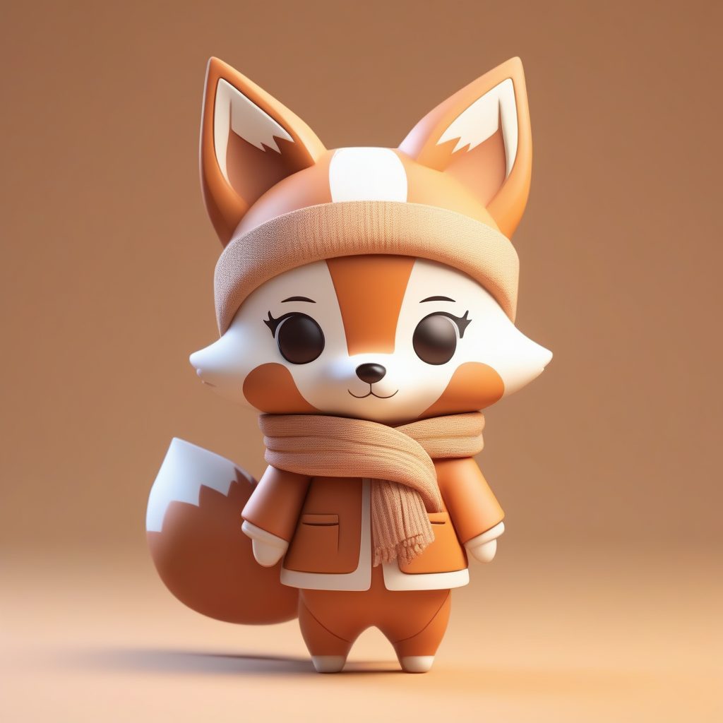 治愈系Q版小狐狸:秋日主题粘土手办全身图,柔和水彩光照渲染