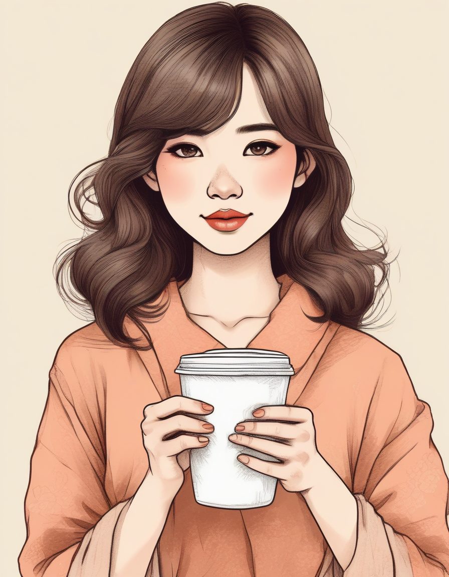 治愈系日常:抱着咖啡杯的少女线稿插画纯色背景生成