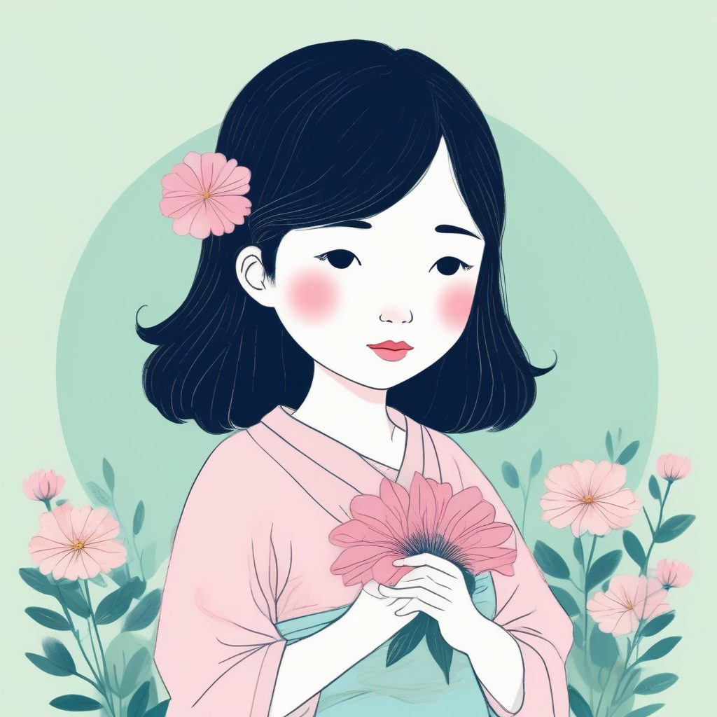 治愈系日常:软萌日系女孩与小花,极简粉蓝纯色背景