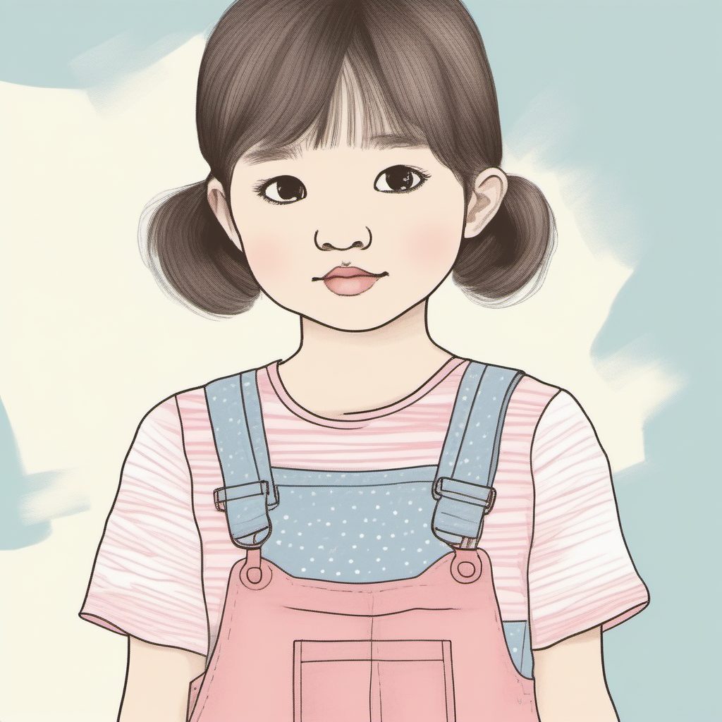 治愈系日系穿搭:背带裙女孩粉蓝极简线稿AI教程