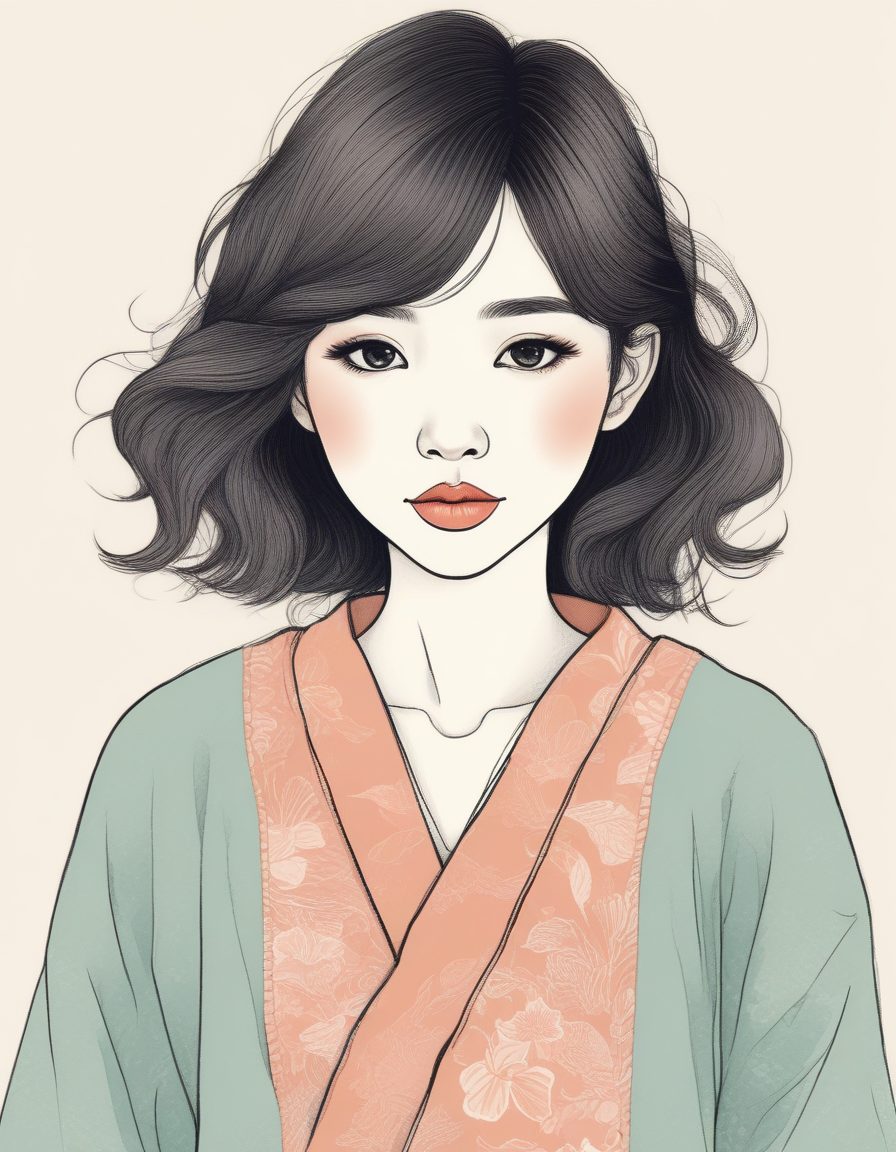 治愈系手绘风:极简纯色背景下的线稿日系少女肖像与Quiet Luxury穿搭