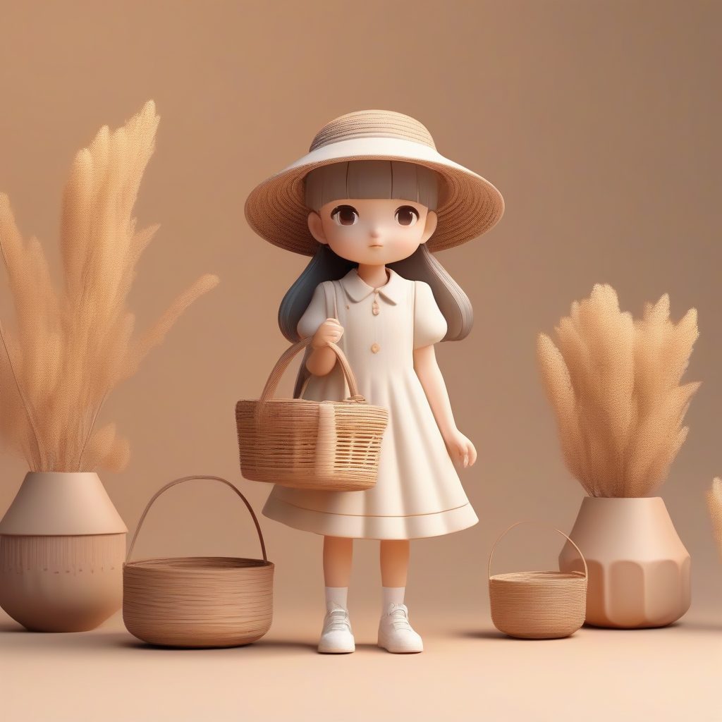 治愈系田园风Q版女孩:Pop Mart粘土手办全身照,纯色背景高精度渲染