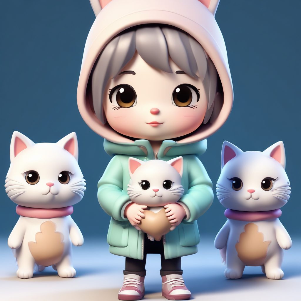 治愈系：小动物主题Q版，抱着小猫咪的冬季3D手办提示词