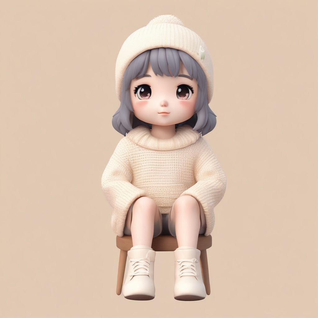 🧶治愈系小毛衣!C4D盲盒风Q版女孩抱膝坐姿壁纸生成