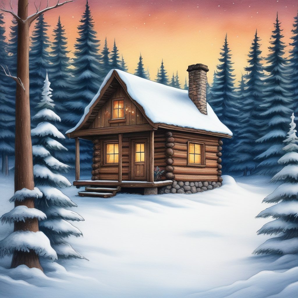 治愈系雪景插画：蜡笔风小木屋，温暖手绘壁纸，一键复制