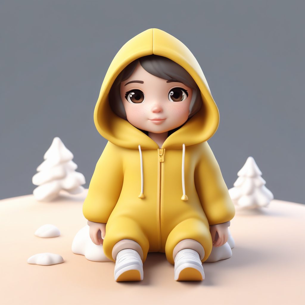 治愈系|坐在雪花上的Q版连帽衫女孩：黏土材质纯色背景壁纸