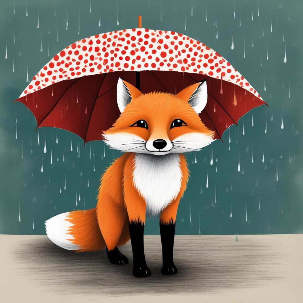治愈下雨天插画:狐狸与雨伞,手绘童话风AI提示词