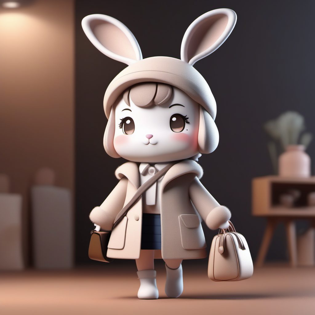 专业级C4D渲染:极简高定风冬日兔耳娘全身站立手办设计提示词