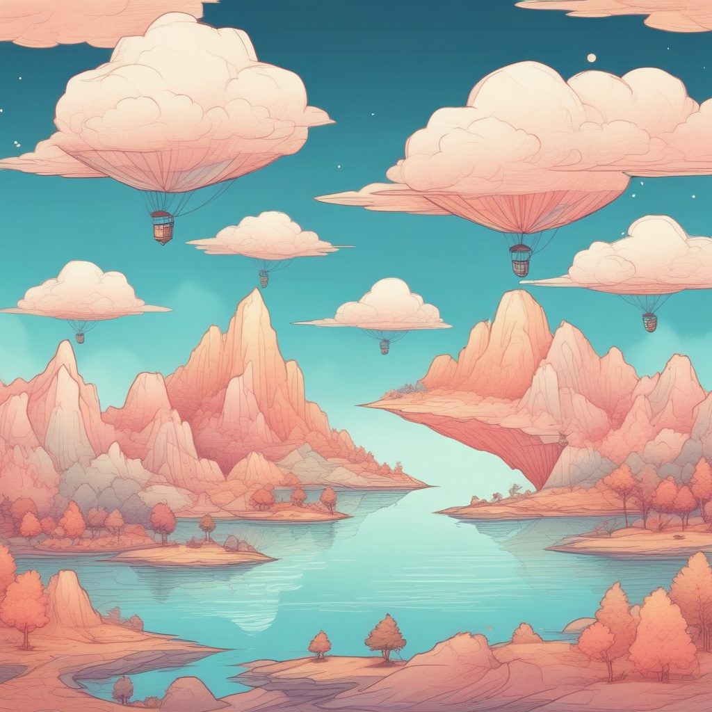 桌面背景：悬浮岛屿极简手绘插画，童话感配色，温柔治愈