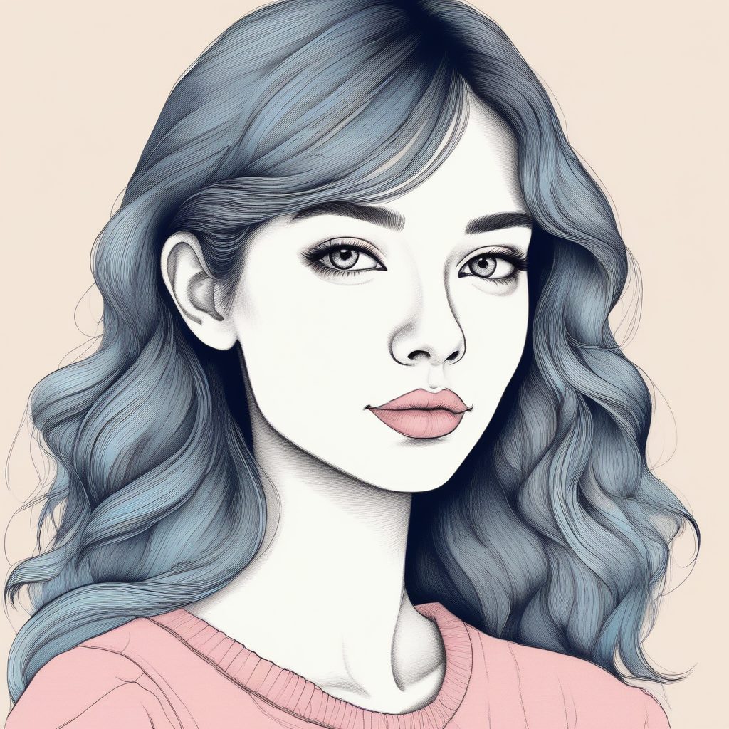 桌面美学必备！蜡笔手绘风软萌女孩肖像，干净粉蓝配色壁纸生成。