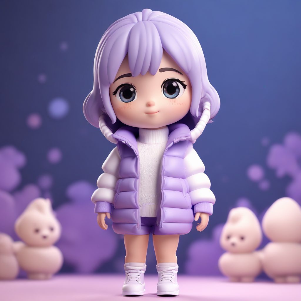 自拍姿势Q版少女：薰衣草色羽绒背心3D高光建模提示词