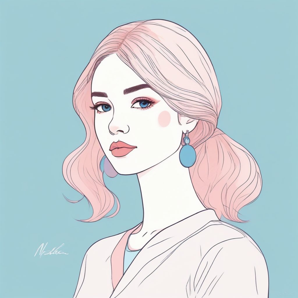💖极简少女插画：粉蓝时尚肖像✨纯色背景手绘风