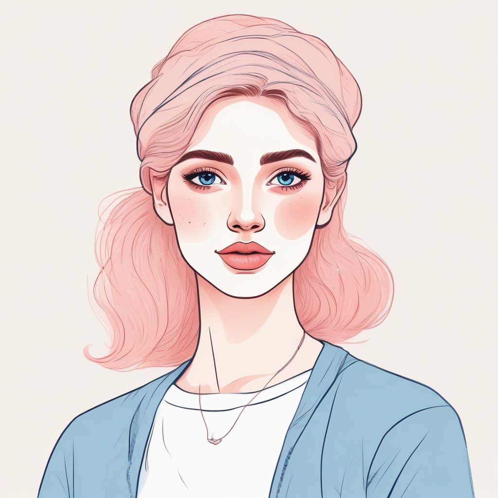 ✨极简线稿手绘插画：粉蓝时尚女孩头像，纯色背景设计🔥