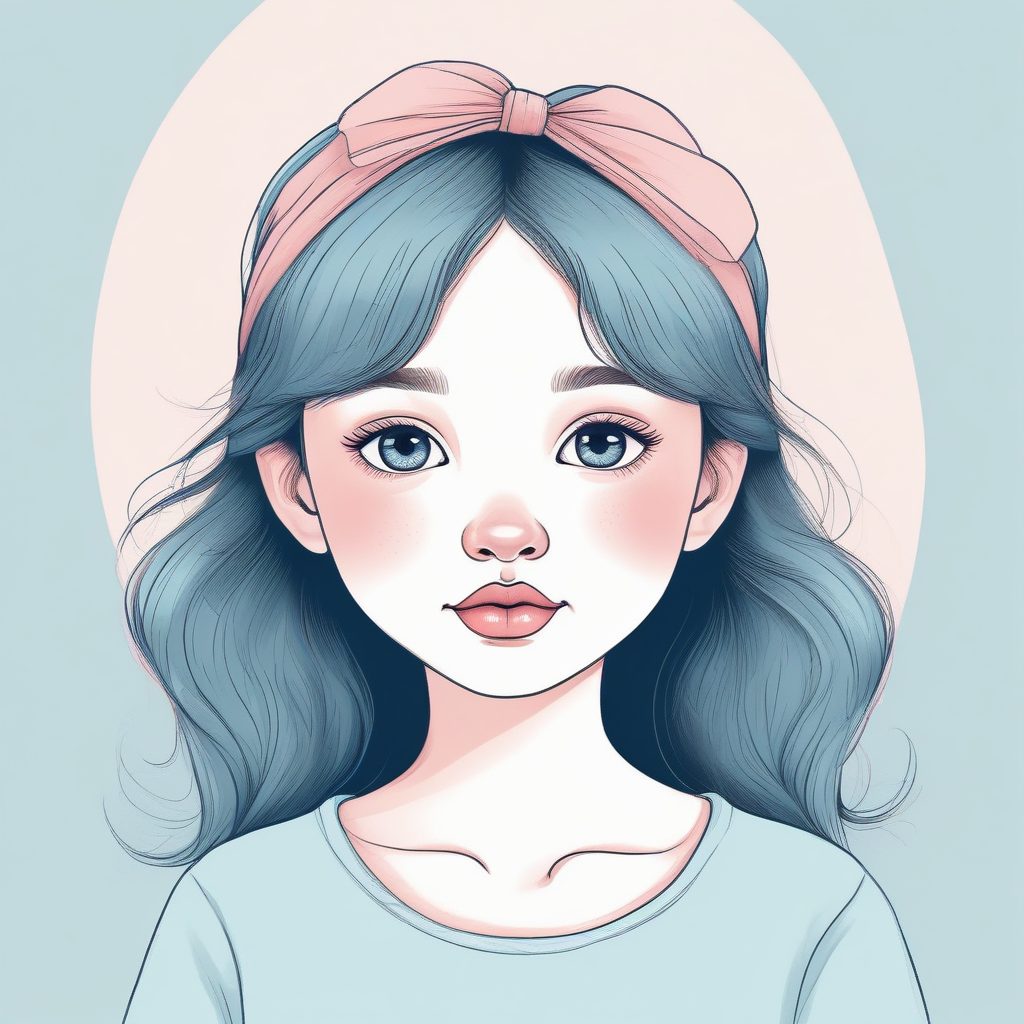 🎨 极简线稿手绘女孩，粉蓝配色软萌风格肖像 | 单人纯色背景插画灵感