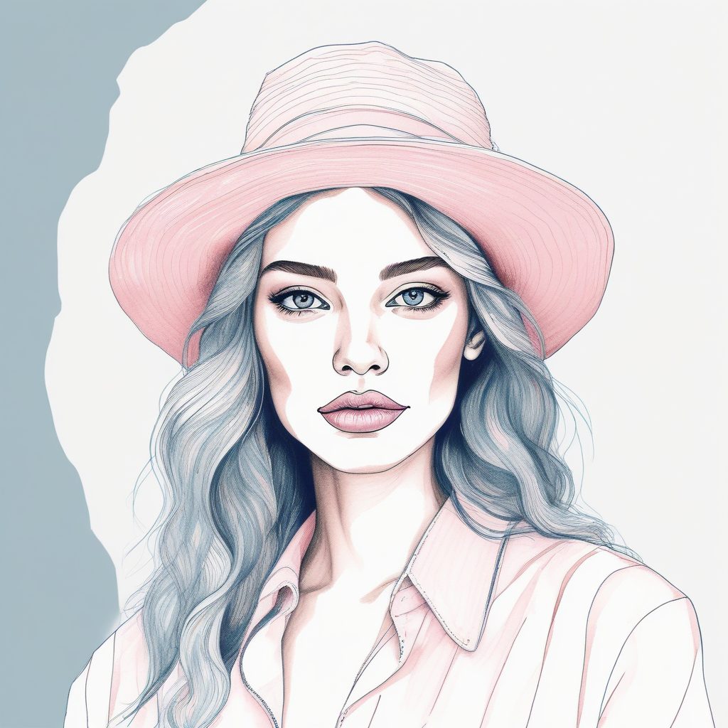 💖精致粉蓝少女肖像：极简线稿手绘，纯净背景