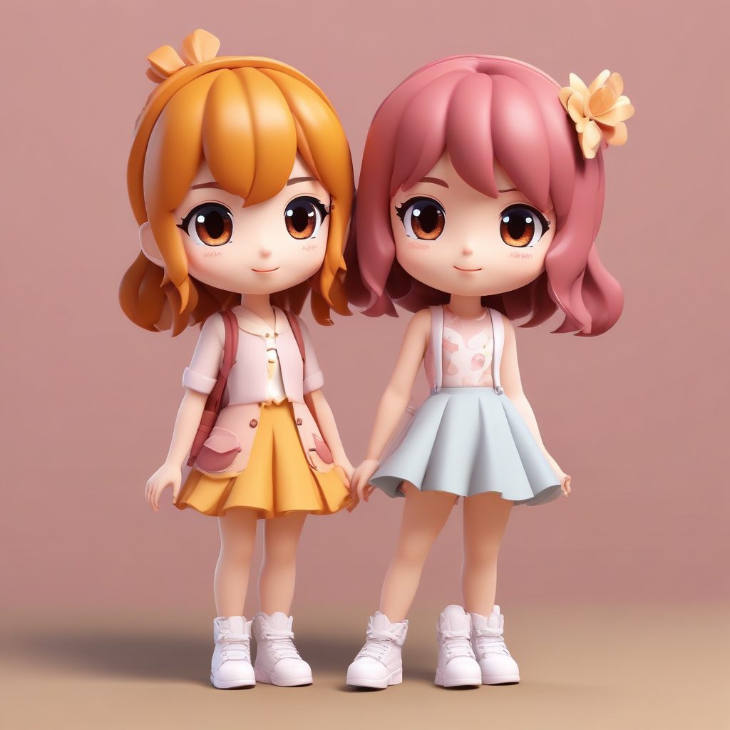🔥两个Q版时尚女孩表情动作丰富，3D粘土风全身立绘 Prompt