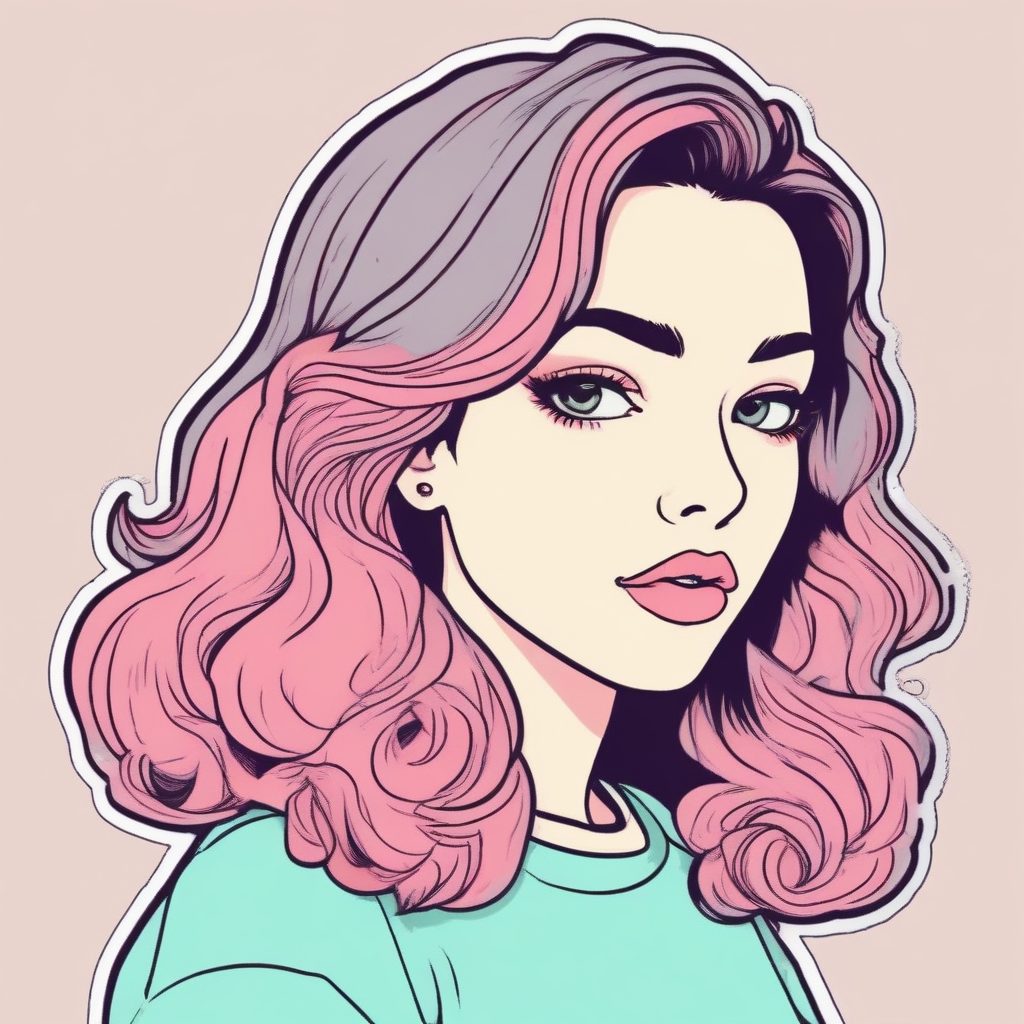 🖍️美式复古贴纸风！粗轮廓线条少女头像 | 纯色背景