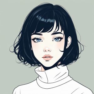 🖤日系线条插画风：酷飒黑短发少女头像, 纯净天空蓝背景！