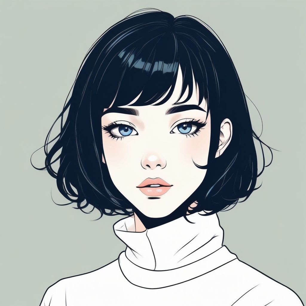 🖤日系线条插画风：酷飒黑短发少女头像, 纯净天空蓝背景！