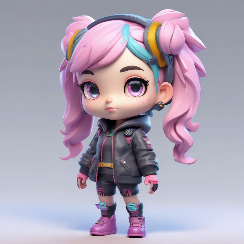 ✨Q版赛博朋克少女头像生成：chibi盲盒风全身照，C4D/Octane渲染，高细节8K背景纯色