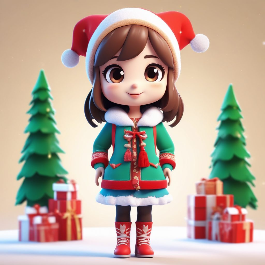 超萌Q版节日穿搭！C4D喜庆冬装人偶全身照，表情生动，纯色背景