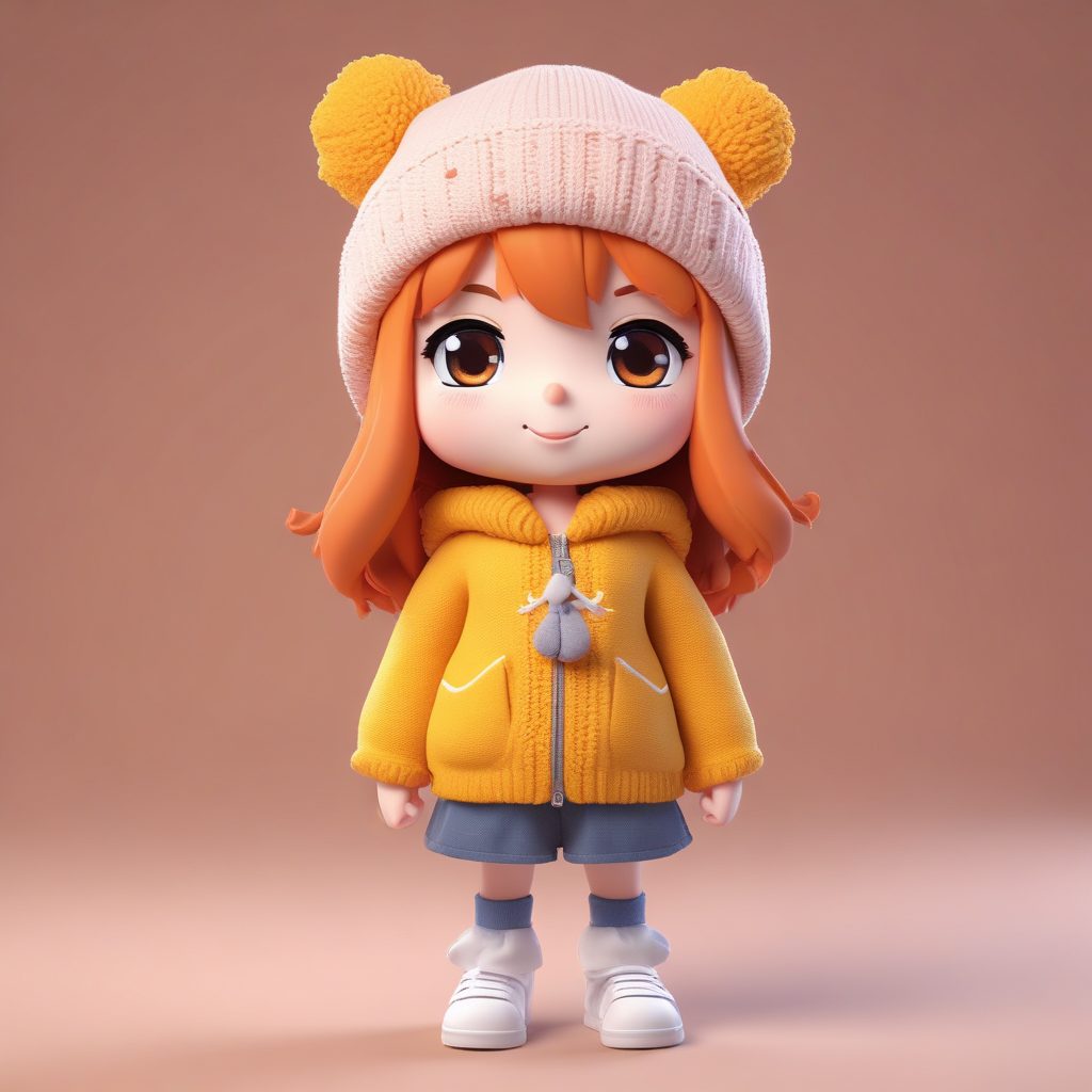 动漫萌妹子：一个可爱时尚的动漫 chibi girl，冬日装扮，表情动作丰富，纯色背景，头戴毛线帽，做手机头贴