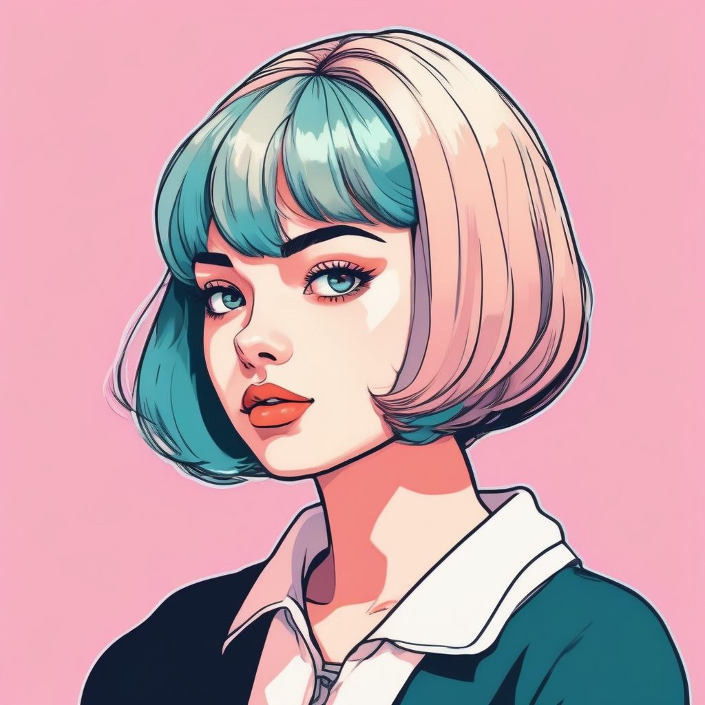 🧡美式复古贴纸风：粗轮廓桃粉少女头像，甜酷撞色！