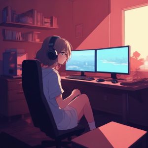 🔥深夜电竞宅女头像 | 极简日漫风 电脑前打游戏的美少女 🔗✨