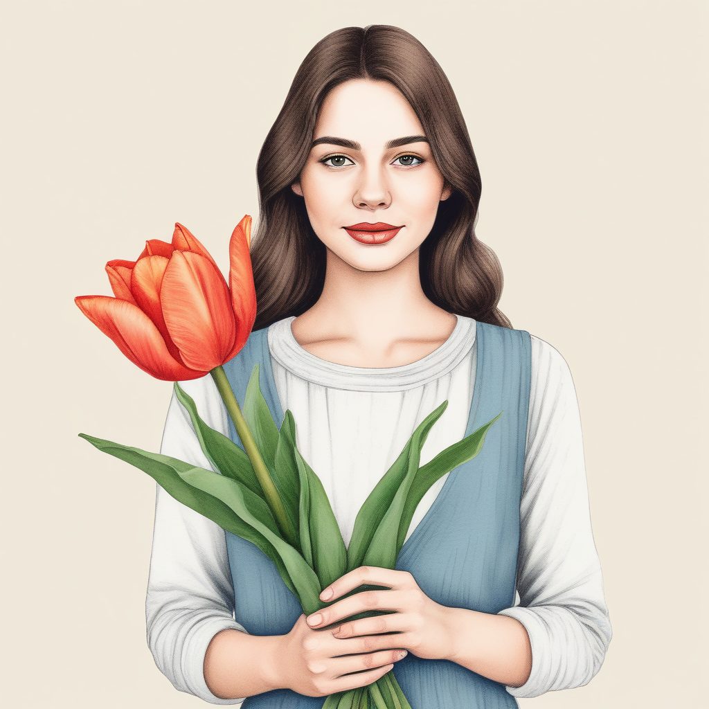 🌸 浪漫满屋：手握郁金香的少女，油画质感插画